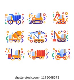 Special transport set, heavy industrial and construction machinery vector Illustration on a white background