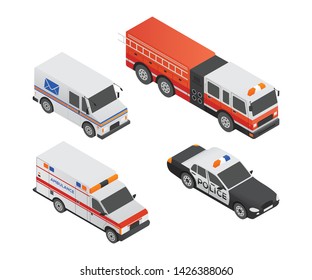 Special transport vehicles - modern vector isometric colorful elements. High quality set of objects. Police car, ambulance, mail truck, fire engine. Urban transport concept