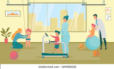 Special Type Recreational Therapy to Help Kid with Special Need. Physician and Parent Making Effort to Increase Childrens Independence and Ability to Function Through Physical Activity and Exercising.