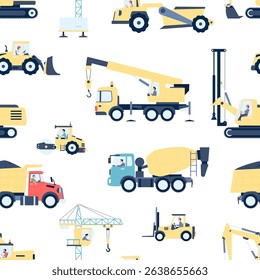 Special vehicle seamless pattern. Construction trucks and crane, concrete mixer and asphalt paver. Childish elements print, vector background