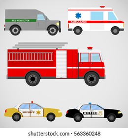 Special Vehicles, collector car, ambulance, fire engine, police car, sheriff. Flat design, vector illustration, vector.