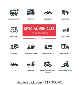 Special vehicles - flat design style icons set. Police car, fire engine, ambulance, aerial platform, tow, snowplow, sprinkler, wrecker, dump, line marking truck taxi multicar emergency response