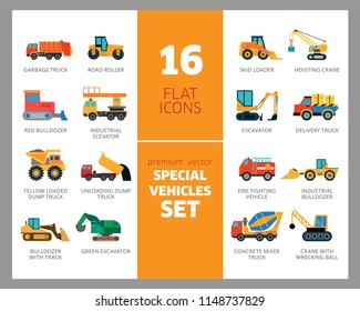 Special vehicles icon set. Skid loader, tractor, industrial elevator. Vehicle concept. Can be used for topics like industry, construction, road building