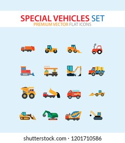 Special vehicles icon set. Skid loader, tractor, industrial elevator. Vehicle concept. Can be used for topics like industry, construction, road building