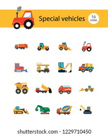 Special vehicles icon set. Skid loader, tractor, industrial elevator. Vehicle concept. Can be used for topics like industry, construction, road building