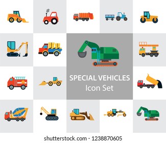 Special vehicles icon set. Skid loader, tractor, industrial elevator. Vehicle concept. Can be used for topics like industry, construction, road building