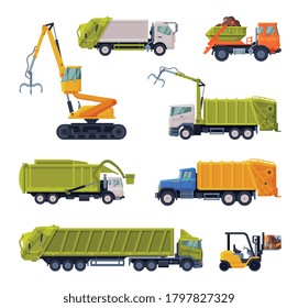 Special Vehicles Set, Garbage Truck, Bulldozer, Waste Collection, Transportation and Recycling Concept Flat Style Vector Illustration