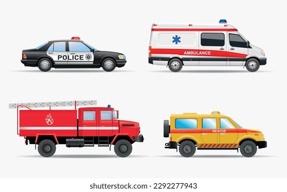 Vehículos especiales de ilustración de vectores. Vehículos de diversos servicios de emergencia (policía, ambulancia, camión de bomberos, rescate)