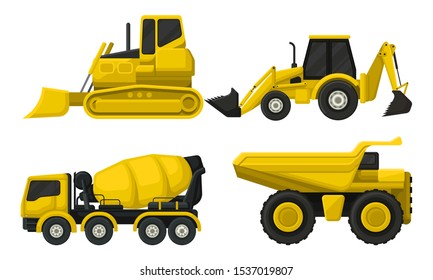 Special Vehicles Vector Isolated Set. Heavy Machinery Equipment For Road Construction