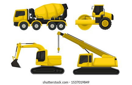 Special Vehicles Vector Isolated Set. Heavy Machinery Equipment For Road Construction