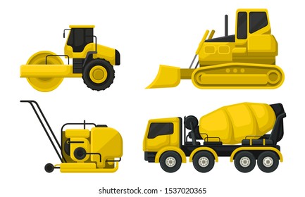 Special Vehicles Vector Isolated Set. Heavy Machinery Equipment For Road Construction