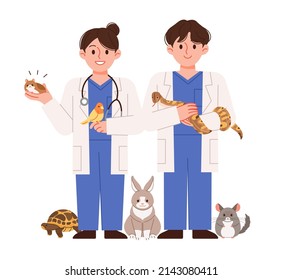 Spezielle veterinärmedizinisches Krankenhaus-Konzept-Illustration für die Untersuchung und Behandlung von Kaninchen, Vögeln, kleinen Nagetieren und Reptilien. Männliche und weibliche Tierärzte, Vektorgrafik.