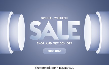 Diseño especial de banner de venta de fin de semana con una oferta de descuento del 60% y una superposición de círculo en 3D sobre fondo azul gris brillante.