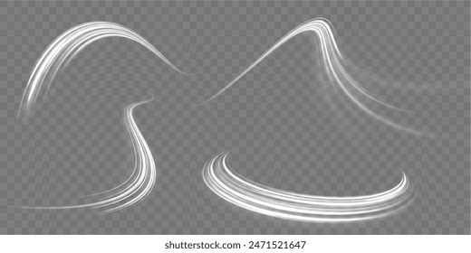 Special white christmas effect on transparent background. Light stripes in the form of drill, turns and swirl. Long time exposure. Vector.	