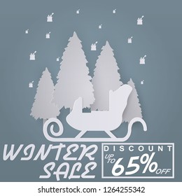 special winter offer banner. text in grey and white drawn label with snowflake, snowdrift, tree symbol paper cut art style. business seasonal shopping concept. Bright background. vector illustration