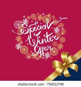 Special winter offer in decorative frame made of silver and golden snowflakes, snowballs of gold in x-mas border on pink background with bow in corner