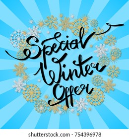 Special winter offer in decorative frame made of silver and golden snowflakes, snowballs of gold in x-mas border isolated on blue background with rays