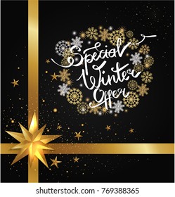 Special winter offer poster isolated on black background with blurred glittering stars and splashes, decorative frame made of snowflakes, snowballs vector