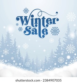 Special Winter Sale, Flat winter landscape. Snowy backgrounds. Snowdrifts. Snowfall. Clear blue sky. Snowy weather. Design elements for poster