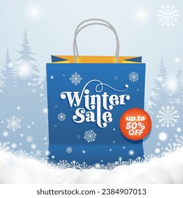 Special Winter Sale with shopping bag and snowflake in the winter landscape. Snowy backgrounds.