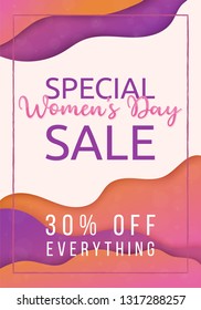 Special Womens Day offer, colorful papercut background design. Can be used as flyer