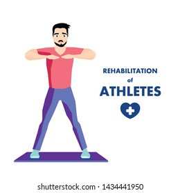 Special Workout for Athlete Rehabilitation Advert. Rehab Center for Recovery after Injure or Trauma and Medical Conditions Stabilization. Flat Cartoon Man Exercising. Vector Isolated Illustration