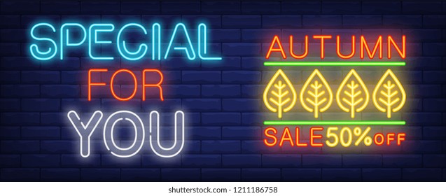 Special for you, autumn sale, fifty percent off neon text. Offer or sale advertising design. Night bright neon sign, colorful billboard, light banner. Vector illustration in neon style.