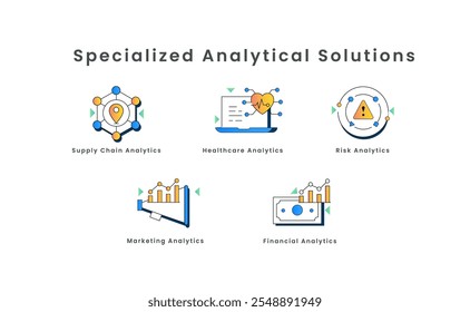 Soluções analíticas especializadas: um guia visual para as principais áreas. Análise especializada, cadeia de fornecimento, saúde, risco, análise de marketing.