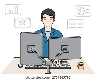 Specialist analyzing technical reports and data using multiple computer screens