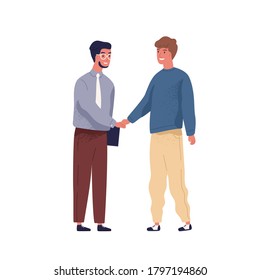 IT specialist and businessman meet and shake hands. Scene of hiring an employee for office job, successful investment, agreement or sponsorship. Flat vector cartoon illustration isolated on white