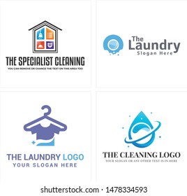 The specialist cleaning laundry logo with broom hanger clothes and droplet water suitable for maintenance business company
