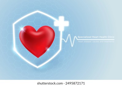 Specialist clinic for cardiology treatment. Medical services symbol with shield and plus sign with heart shape. Vector illustration file template.