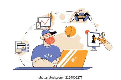 It specialist composition with flat view of hipster programmers workplace and icons cycle representing work pipeline vector illustration
