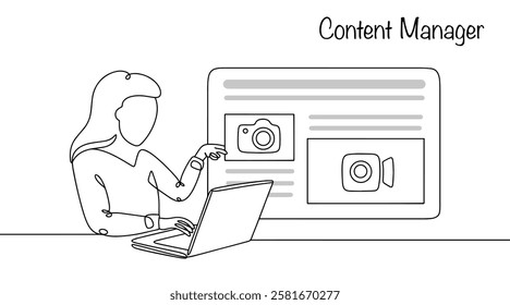 Specialist in the creation, distribution and curation of website content. The woman manages content creation and the overall media promotion strategy for the brand. Content manager profession.