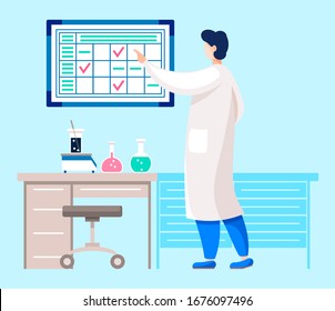 Specialist or doctor conducting researches in laboratory. Male character working in lab marking test board. 