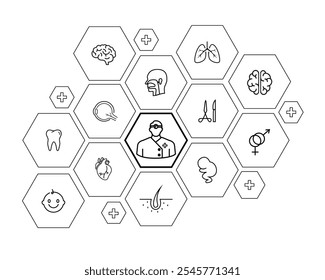 specialist doctor icon set, outline style with hexagon frame, simple and editable vector eps 10.