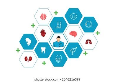 specialist doctor icon set, outline style with hexagon frame, simple and editable vector eps 10.