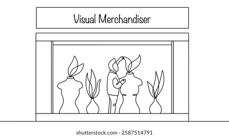 A specialist is engaged in the design of a store window, creating an attractive display to attract customers. The window display worker sets up a creative composition of mannequins and flowers.