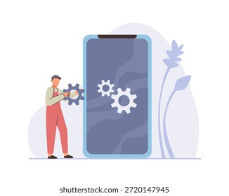 Especialista en la fijación de problemas en el teléfono móvil. Vector en estilo plano, mantenimiento de militares aislados y reparación de aparatos y equipos modernos. Problemas técnicos en la célula, pantalla o pantalla