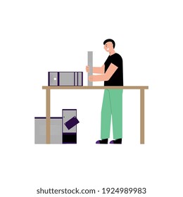 It specialist flat composition with doodle character of technician at table building desktop computer vector illustration