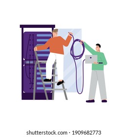 It specialist flat composition with doodle characters of technicians performing server rack maintenance vector illustration