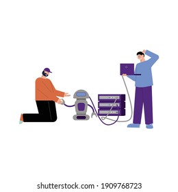 It specialist flat composition with doodle characters of fellow programmers setting up robot vector illustration