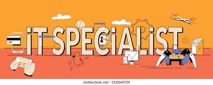 It specialist flat composition with text and colored outdoor landscape with icons of gears and gadgets vector illustration