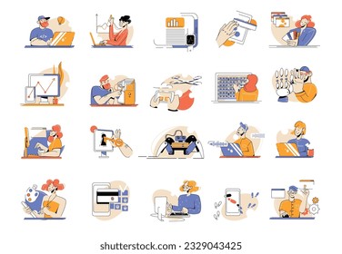 It specialist flat set with isolated compositions of computer art icons and characters of young entrepreneurs vector illustration