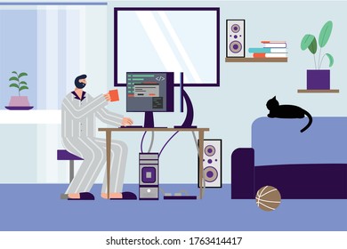 It specialist freelancer flat composition with indoor scenery of programmers living room with pc and cat vector illustration