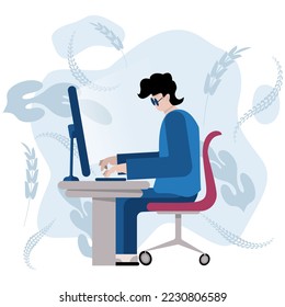 Especialista en TI. Un tipo con gafas oscuras se sienta en una mesa y trabaja en una computadora con el fondo de formas redondeadas abstractas y elementos florales. Diseño plano. Vector.
