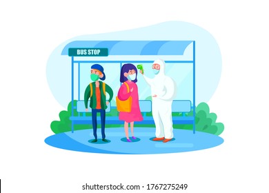 Specialist in hazmat suit checking passengers temperature at Bus stop. Vector Illustration concept.