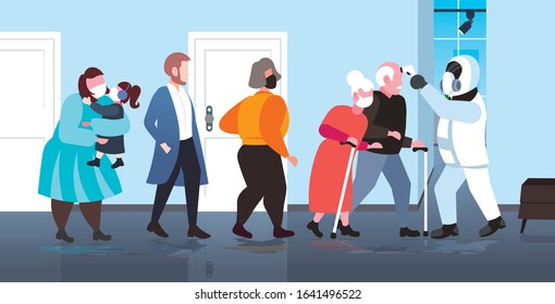 specialist in hazmat suit checking temperature of senior man woman couple spreading coronavirus infection epidemic MERS-CoV virus wuhan 2019-nCoV pandemic health risk concept full length vector