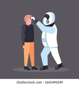 specialist in hazmat suit checking temperature of sick man spreading coronavirus infection epidemic MERS-CoV virus wuhan 2019-nCoV pandemic health risk concept full length vector illustration