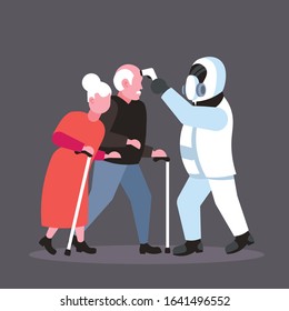 specialist in hazmat suit checking temperature of senior man woman couple spreading coronavirus infection epidemic MERS-CoV virus wuhan 2019-nCoV pandemic health risk concept full length vector